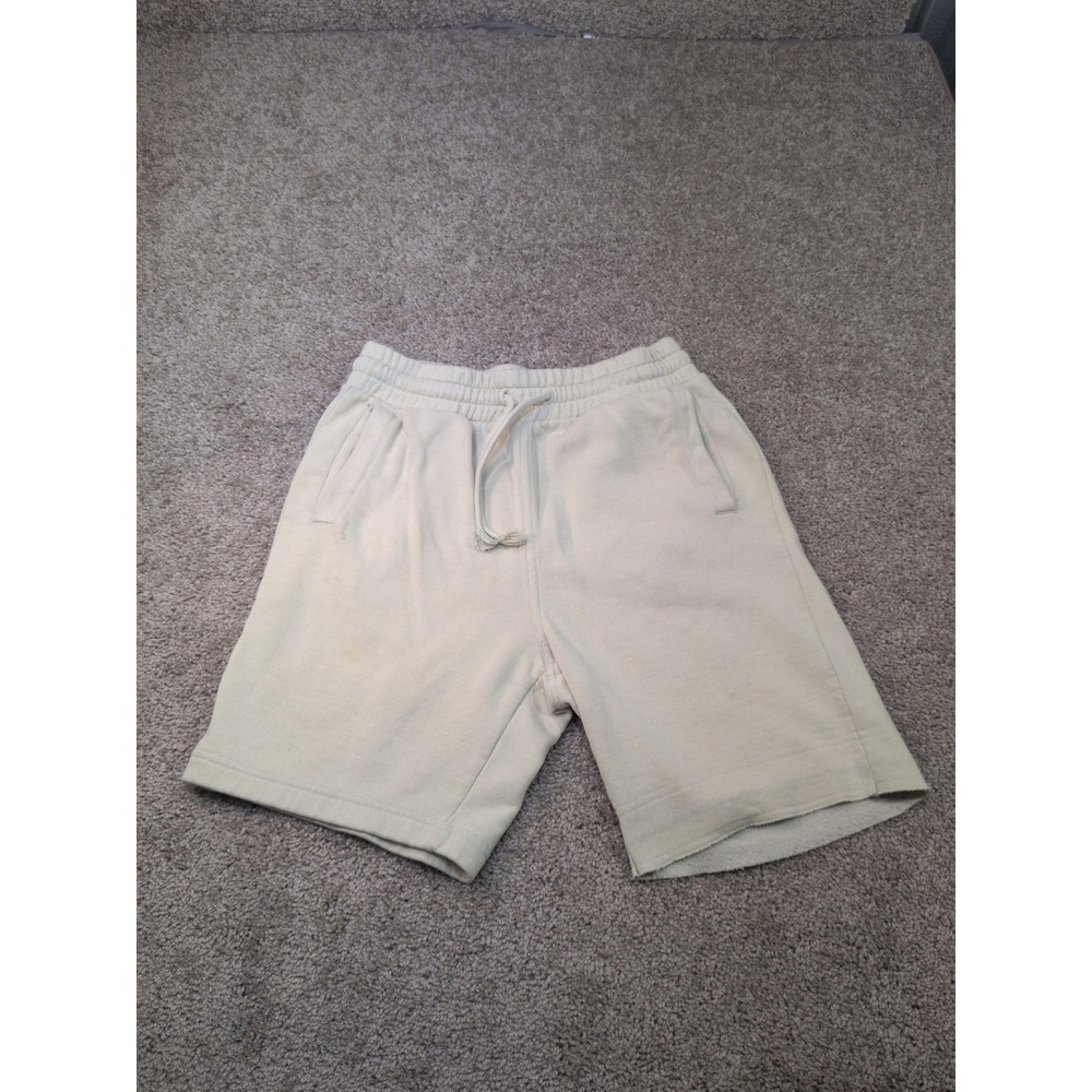 H&M Mens Sweat Shorts Light Sage Green Beige Elastic Drawstring Raw Hem Relaxed